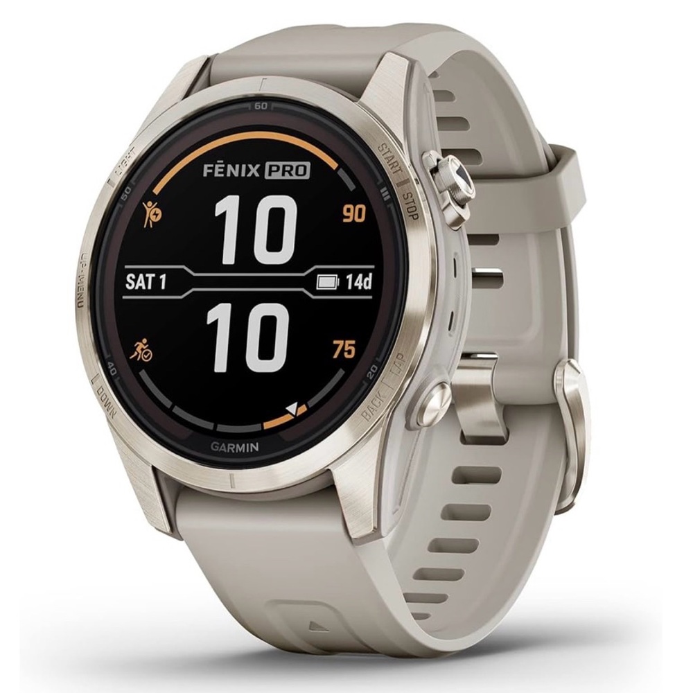 Garmin fenix 7s sapphire pro solar in soft gold with light sand band, 42mm